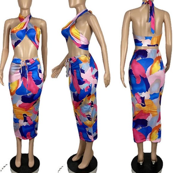 Convertible Halter Top Resort 2-Piece Co-ord Skirt Set - Picture 3 of 3